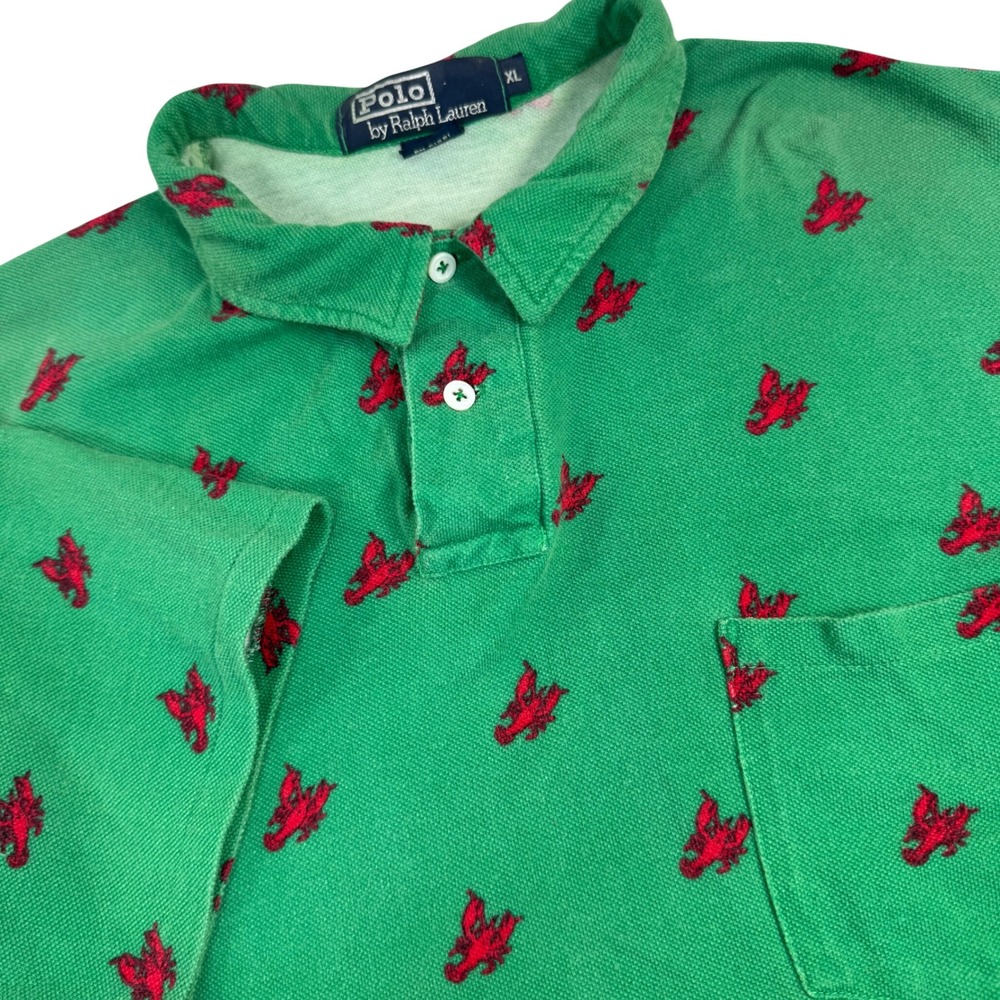 VTG Polo Ralph Lauren Green‎ Pique Polo Shirt AOP Lobster Men XL Nautical Preppy